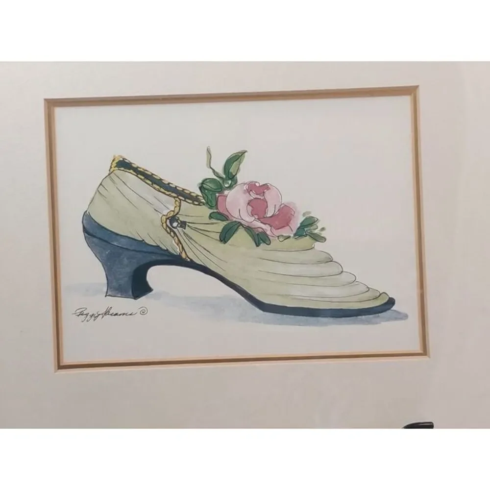 Peggy Abrams Watercolor Victorian Shoes Set of 2 Signed and Framed